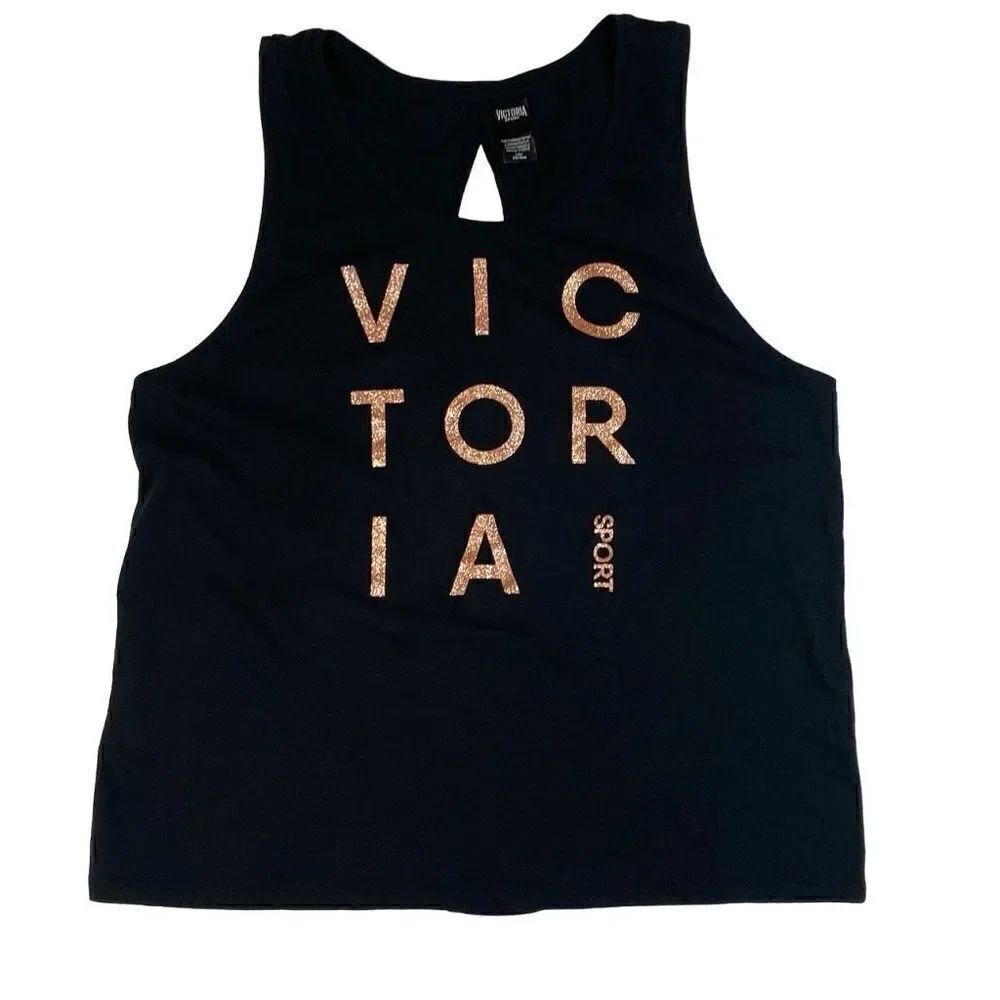 Victoria Secret Shirt Sport Sleeveless Athletic Black W Rose Gold Sparkle Large